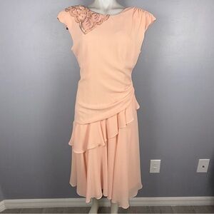 Vintage Mister Jay Peach Ruffle Sequin Midi Dress Size 12 Made in USA * READ